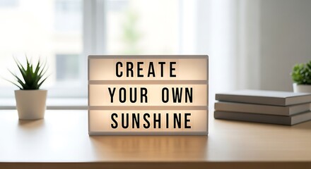 Illuminated lightbox sign with inspirational quote create your own sunshine on a desk