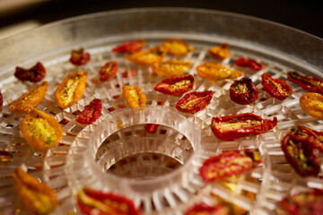 Bright red and yellow cherry tomatoes are arranged in a dehydrator, drying under warm air. This healthy method preserves their flavor, perfect for summer snacks.