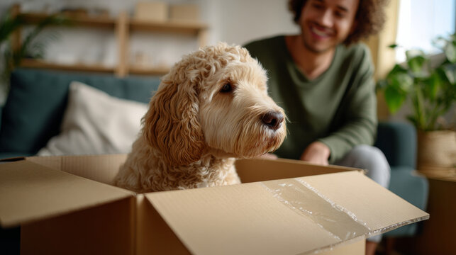 Curly-haired dog sitting inside a cardboard box with a smiling man in the background in a cozy living room setting