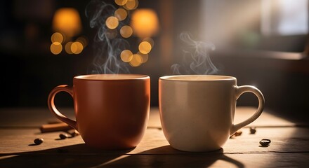 Two steaming mugs of hot coffee on a wooden table with soft bokeh lights in the background
