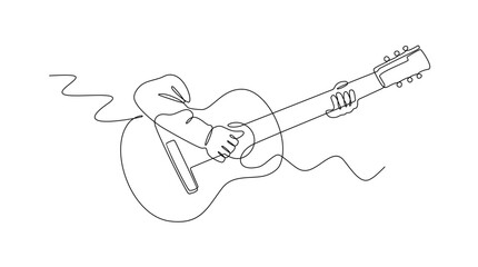 Continuous single line drawing of hand playing guitar illustration.