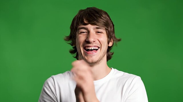 Cheerful Young Man Laughing Heartily and Clapping with Joy Showing Positive Emotion on a Green Screen Studio Background Perfect for Chroma Key Compositing