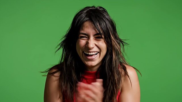 Joyful young woman with brown hair laughing out loud eyes closed and clapping hands on a green screen Cheerful studio video for concepts of happiness fun