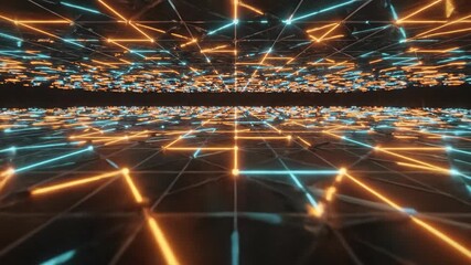 Futuristic abstract geometric grid surface pulsing and vibrating with interconnected lines in vibrant shades of orange and teal creating a technical network backdrop, technology, motion