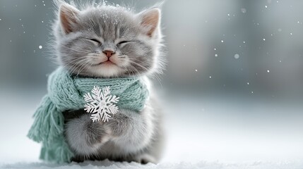 Winter pet theme and seasonal gifting angle create strong demand for holiday retail. Christmas Grey kitten holding a snowflake supports commercial searches tied 