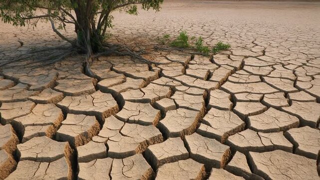 Vast expanse of dry, cracked earth under a harsh sun, featuring a single, tenacious tree, illustrating the profound challenges of global warming and desertification