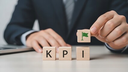 Business professional places flag block on KPI letters on desk in office, symbolizing goal achievement and success in a corporate environment.