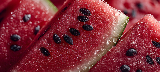 Watermelon texture, macro photo, close-up. Piece of watermelon with seeds. Top view.