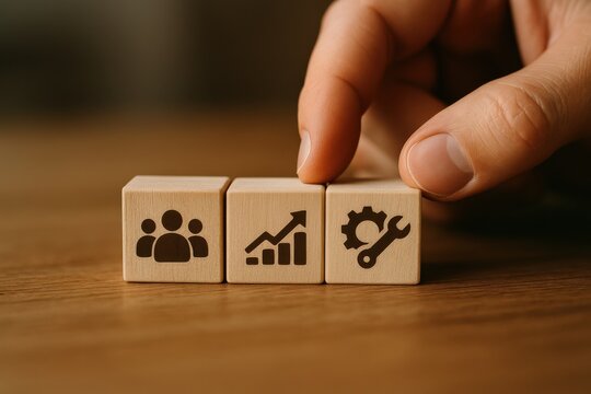 Hand placing wooden blocks with symbols of teamwork, growth, and tools, representing collaboration, business development, and engineering solutions. Concept of strategy and innovation.