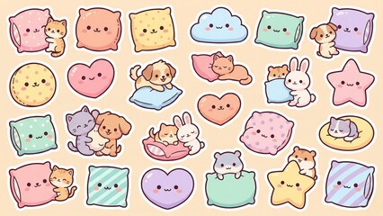 Obraz premium Adorable kawaii cartoon illustrations of cozy pillows, soft hearts, and sweet baby animals, including puppies, kittens, bunnies, and hamsters, for comforting and gentle design