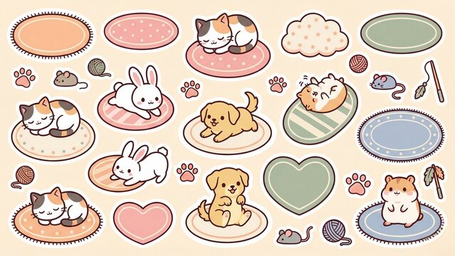Set of charming kawaii animal stickers featuring adorable cats, dogs, bunnies, and hamsters for various design projects