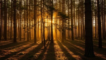 Golden Forest Sunset: Sunbeams Through Tall Trees Serene Nature Scene.