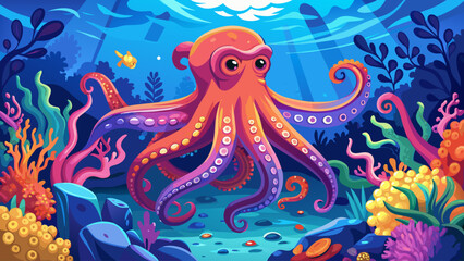 Fototapeta premium A brightly colored octopus swimming gracefully among vivid coral reefs, set against a calm blue ocean background. Lively marine scene perfect for underwater photography, nature art