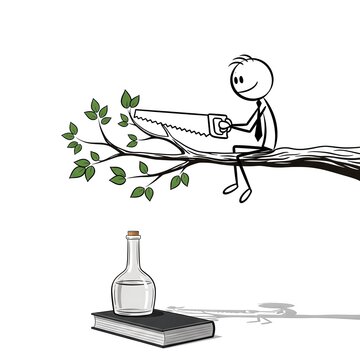 Stick Figure Sawing Branch - A Metaphor for Self-Destructive Behavior.