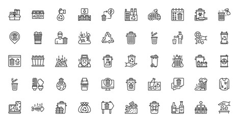 Set of Trash vector. Box, Waste, Recycle, Garbage Truck, No Littering, Holding, Calendar, Trash Collector, Incineration, Man, Clean, Website, Medical, Chemical, Bin, hand, Battery, Radioactive icon.