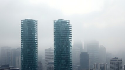 Obraz premium Transparent glass houses stacked like Jenga blocks against Seattle's foggy urban skyline.