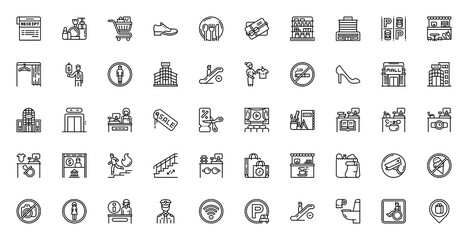 Set of Mall vectors. Receipt, Cosmetic, Shopping Cart, Restaurant, Gift Card, Parking Lots, Escalator Up, Seller , Fitting Room, Security Guard, Only, Food Court, Supermarket, Bags, Elevator icon.