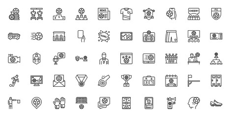 Set of Football Soccer vector. Bet, Locker Room, Podium, Team, News, Jersey, Smartphone, Cheer, Badge, Football, Bench, Amonestation, Goal, Strategy, Scoreboard, Shorts, Video Game, Ticket, Live icon.