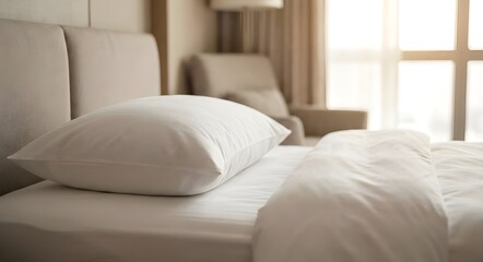 Obraz premium Close-up view of a clean white pillow placed on a neatly arranged bed in a softly lit bedroom. The warm morning light and minimal interior design create a calm, comfortable, and inviting atmosphere.