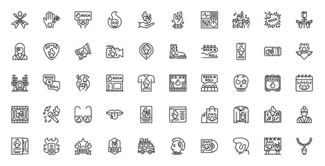 Set of Rock and roll vector. Guitar, Fan Club, Tattoo, Fire, Hand, Webiste, Mixer, Rock, Rose, Woman, Pick, Announce, Live, Location, Boots, Mobile Phone, Ticket, Wing, Drum Set, Chat, Fist icon. 