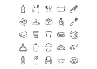 Monochrome Plastic and Synthetic Item Vector Icons, Everyday Plastic Objects Line Art Collection, Minimalist Symbols for Plastic Waste and Goods