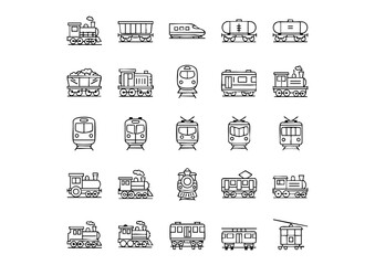 Monochromatic Vector Train Icon Set, 25 Unique Line Art Rail Transport Symbols, Black and White Locomotive and Rail Icons Collection