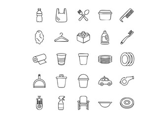 Monochrome Plastic and Synthetic Item Vector Icons, Everyday Plastic Objects Line Art Collection, Minimalist Symbols for Plastic Waste and Goods