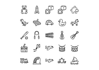 Black and White Vector Toy Icons Collection, Minimalist Kids' Toys Icon Set (Line Art), Unique Childhood Plaything Symbols