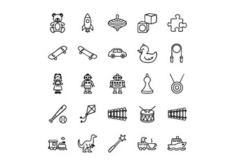 Black and White Vector Toy Icons Collection, Minimalist Kids' Toys Icon Set (Line Art), Unique Childhood Plaything Symbols