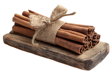 Aromatic cinnamon sticks tied with burlap on wooden board isolated on transparent background