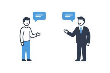 Two men communicating with speech bubbles. One man in a business suit, one in casual attire, representing discussion, dialogue, or professional interaction.
