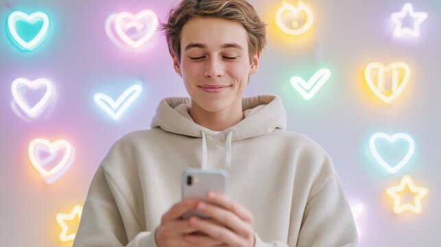 White American teenage user, smartphone interaction и social media communication form a commercial model for mobile technology, youth engagement and digital platform marketing. Neon interface icons 