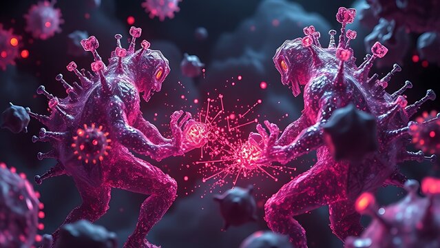 Crystalline antibiotic warriors clashing with shadowy superbug formations.