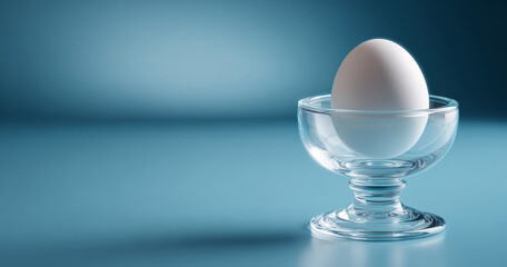 Single white egg placed in a transparent glass egg cup on a smooth blue surface with soft lighting and shadow