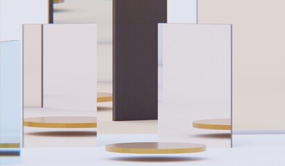 Circular podium, showroom with reflective glass, product display room, 3D illustration