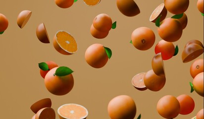 Oranges falling from above, orange background, 3D illustration