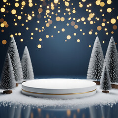 White podium display surrounded by miniature snowcovered pine trees against a dark blue background with bokeh lights