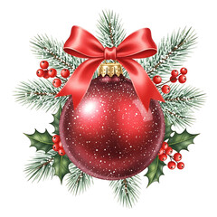 Shiny red christmas bauble ornament with a satin bow, surrounded by fir branches and holly berries, isolated on white background
