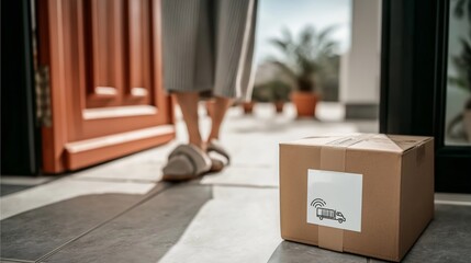 Delivery logistics and e-commerce operations are emphasized with a cardboard parcel placed at a doorway. Online shopping campaigns, courier services and retail distribution delivery content gift