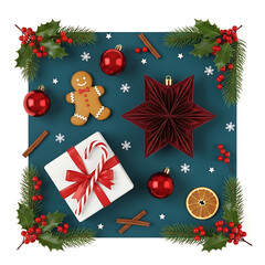 Flat lay of christmas decoration elements including gingerbread man, gift, ornament, star, and holly on blue background