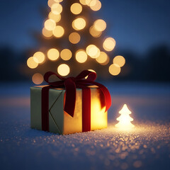 Glowing christmas gift box wrapped with red ribbon sitting in snow with bokeh lights of a tree in the background at night