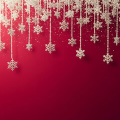Hanging white glitter snowflake decoration border on a vibrant red background with falling snow effect