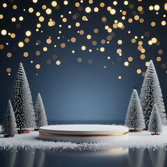 Winter holiday podium display with snow covered pine tree forest and falling golden bokeh light background