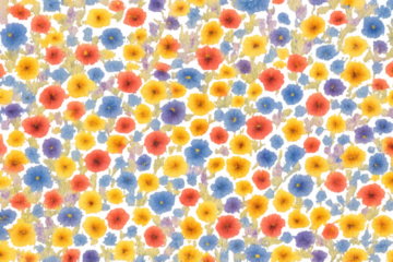 Colorful wildflowers showcasing a blooming field pattern with a textured, painterly style and transparent background
