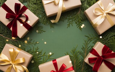Christmas Gift Boxes and Fir Branches on Green Background