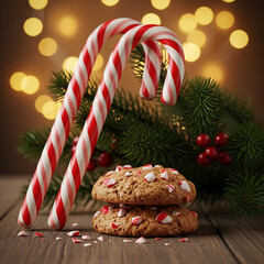 Two striped candy canes leaning against a stack of peppermint cookies with pine branch and bokeh lights background