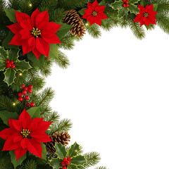 Christmas corner border decoration with red poinsettia flower, pine cone, holly, and evergreen branch isolated on white background
