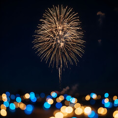 Brilliant golden firework exploding high in the night sky above blurred city lights bokeh background