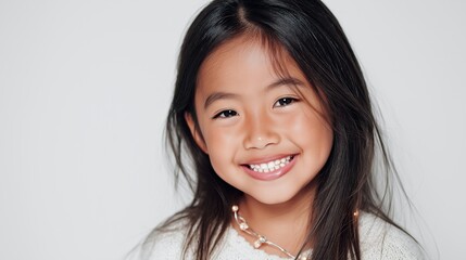 Pediatric dental care marketing is supported with a close portrait of an Asian girl showing clean, healthy teeth. The image fits dental clinics, oral hygiene education and healthcare 