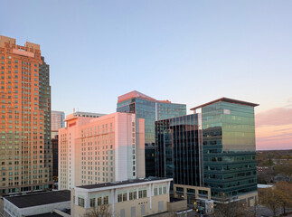 The downtown Raleigh North Carolina skyline with vibrant sunset